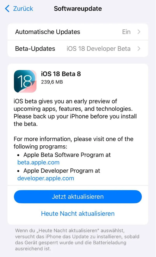 旌阳苹果手机维修分享苹果 iOS / iPadOS 18 开发者预览版 Beta 8 发布 